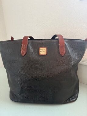 Dooney & Bourke Black Pebbled Leather Tote with Brown Trim